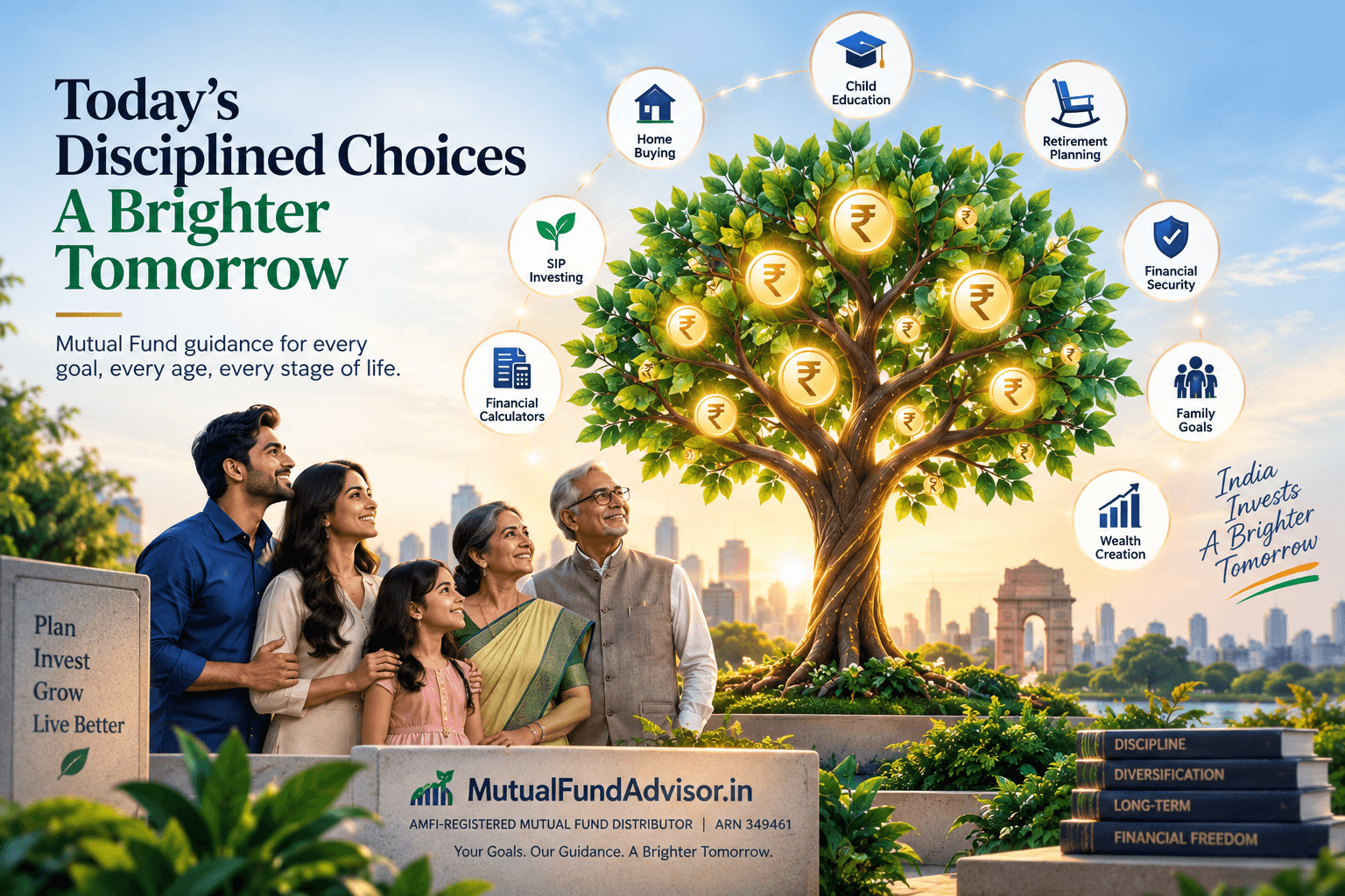 Three generations of an Indian family looking up at a money tree bearing golden rupee coins, ringed by the goals mutual fund investing is used for: SIP investing, home buying, child education, retirement planning, financial security, family goals, financial calculators and wealth creation.